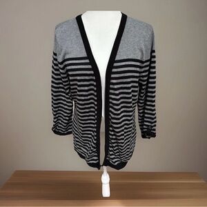 Studio Works Sweater Open Front Gray Black Stripe Cardigan Women’s Medium